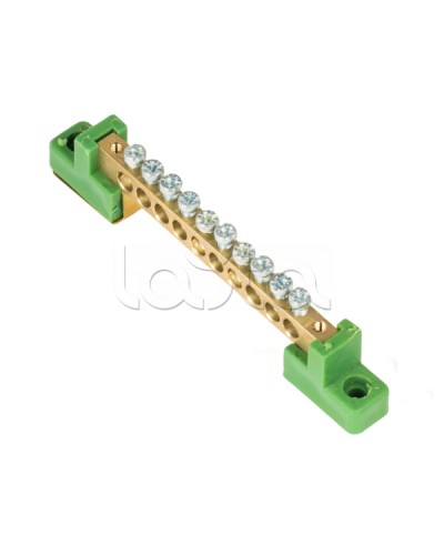 Шина 0 PE 6x9мм 10 отверстий латунь с контактной пластиной 2 зелёных угловых изолятора EKF (sn0-63-10-2-pe) в Сочи Клеммные колодки Pintop.ru