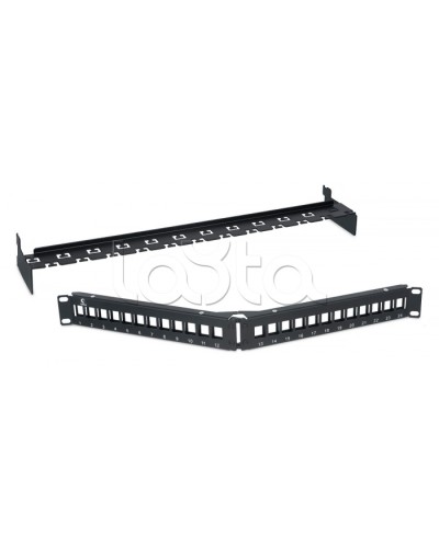 Патч-панель угловая модульная 19, 1U, 24 порта RJ-45, для неэкранированных модулей, с задним кабельным организатором (без модулей) Cabeus PLB-24-CON в Сочи Патч панель Pintop.ru
