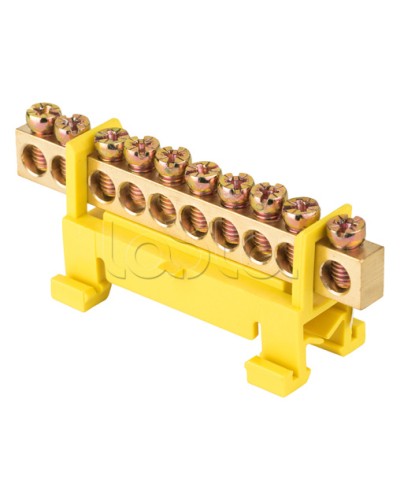 Шина 0 PE (6х9мм) 10 отверстий латунь желтый изолятор тип Стойка на DIN-рейку EKF PROxima (sn0-63-10-sy) в Сочи Клеммные колодки Pintop.ru