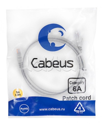 Патч-корд UTP, категория 6a, 10G, неэкранированный, LSZH, 1 м, серый Cabeus PC-UTP-RJ45-Cat.6a-1m-LSZH в Сочи Патчкорды (медные) Pintop.ru