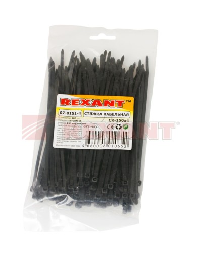 Хомут-стяжка нейлоновый 4х150 мм чёрный (100шт/уп) REXANT 07-0151-4 в Сочи Стяжки-хомуты Pintop.ru